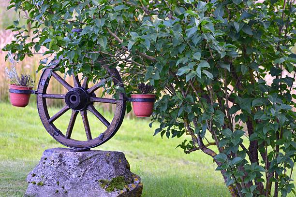 Rustic wooden wagon wheel with two flower pots mounted on a stone, surrounded by lush green leaves in a countryside garden. Peaceful rural scene with natural decoration.