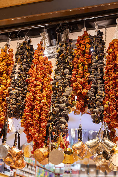 Colored dried vegetables on a hanger on Store Display