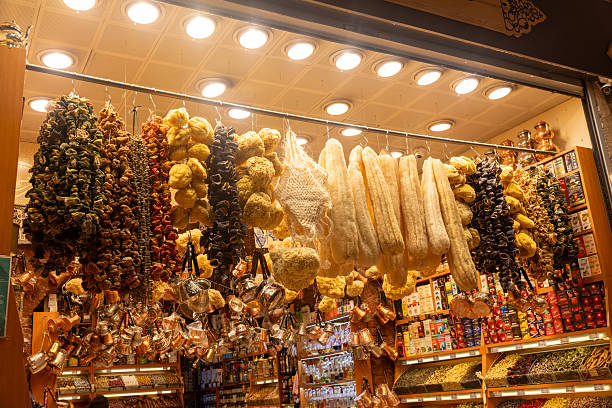Colored dried vegetables on a hanger on Store Display