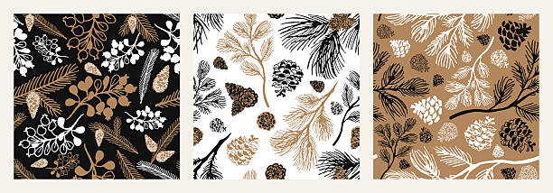A collection of winter, botanical seamless patterns with pine branches and cones, forest berries. Black, gold and white.