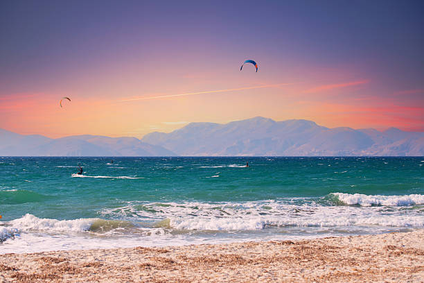 Kite Surfing on a Turquoise Sea at Sunset, Kos Island