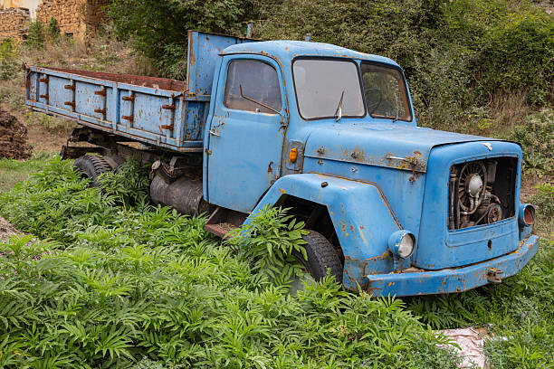 istock An old blue dump truck parked in a field. 2232420027