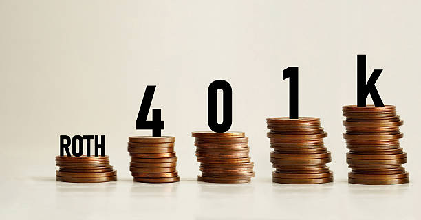 istock Roth 401k plan text stacked on coins as retirement savings concept 2232420203