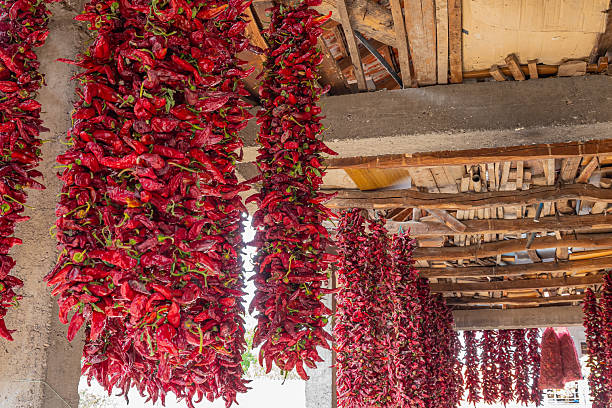 istock Strings of fresh red peppers hanging to dry. 2232420878