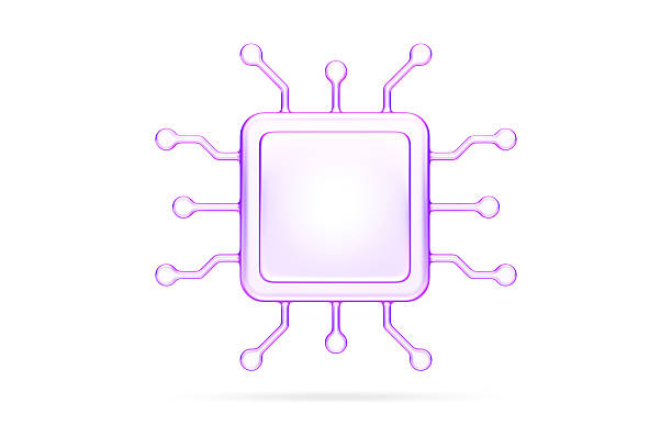 Minimal 3D glass style icon of a computer processor in purple and blue gradient. Suitable for hardware, electronics, and technology design projects
