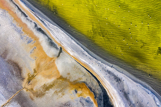 istock NATURAL GROUNDWATER SOURCECracked dry soil and shrinking lakes. PATTERNS emerging in nature, abstract shapes, drought and climate crisis, water scarcity, global warming, and drying soils.DRONE photo 2232447003