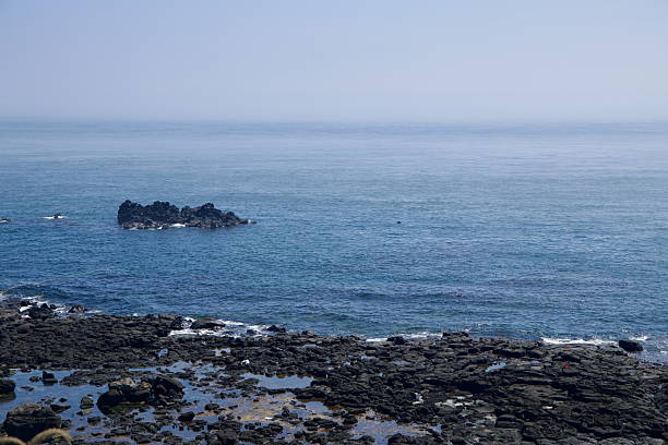 A dark basalt islet rises just offshore on Jeju's western coast, surrounded by calm blue water and tide pools scattered across the jagged lava shelf under hazy summer light.