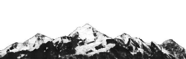 Halftone mountain range vector collage background. Vintage dotted texture landscape. Grainy retro hills