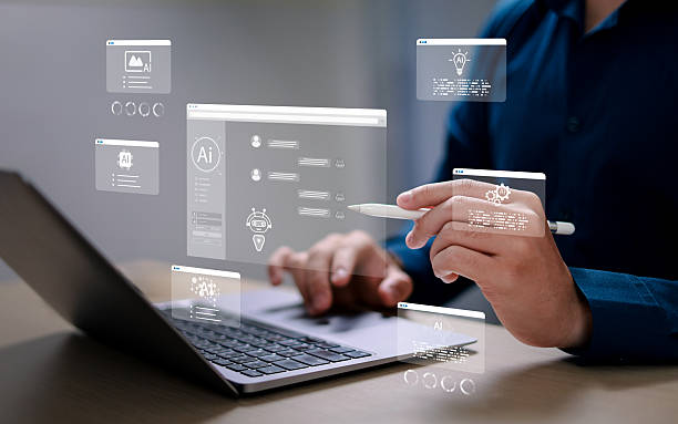 istock Businessmen who touch the screen and network icon General artificial intelligence and artificial intelligence Automatic processing robots and data analysis 2232456211