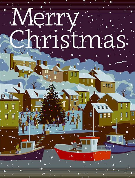 Christmas Seaside village scene in Retro Clean line style.