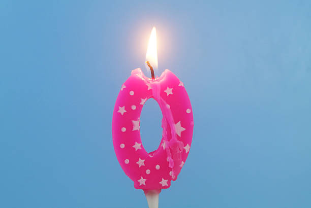 istock Burning pink birthday cake candle on blue background. Number 0. 2232459104