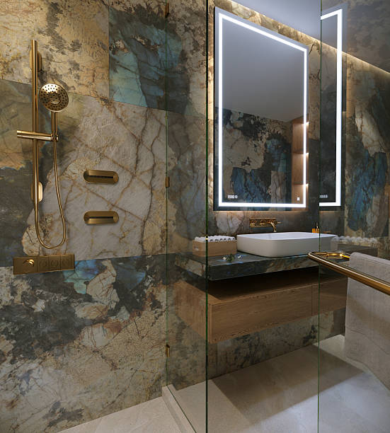 istock Luxury modern bathroom interior with marble wall, LED mirror, and sink 2232465825
