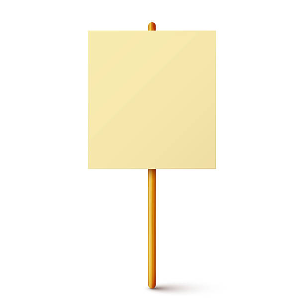 istock Blank colorful protest sign with wooden holder. Demonstration banner. Strike action cardboard placard mockup. Social advertisement. Vector illustration 2232466812