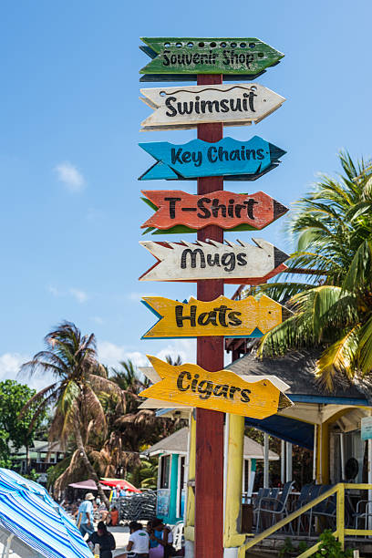 West Bay Beach, Roatan Island, Honduras - April 16, 2024: Wooden arrow signs on the world-famous West Bay Beach in Roatan, Honduras.