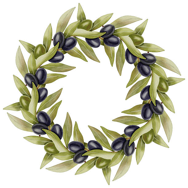 istock Hand-painted watercolor wreath with black and green olives and olive leaves. Olive branches, leaves and fruits. Round wreath of branches olive tree. For menu, packaging design, wedding 2232474829