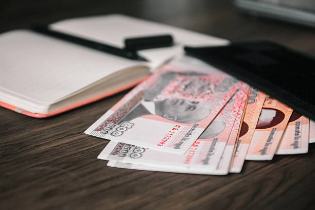 istock Cambodian Riel banknotes inside a wallet with a notebook and pen on a wooden table. 2232474984
