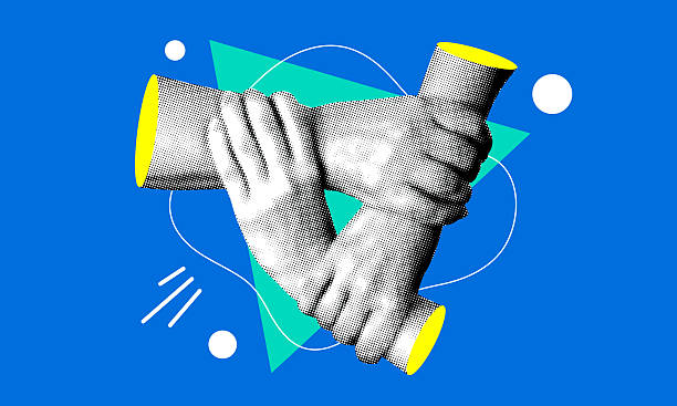 Teamwork. Halftone hands hold each others wrists in circle. Link team Teamwork. Halftone hands hold each others wrists in circle. Link team. Conveyor work. Business cycle. Team in circle for support. Modern collage. Community power. Business collaboration locking-arms stock illustrations