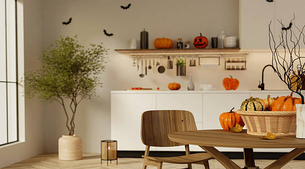 istock Autumn celebration with pumpkins on a rustic dining table in a vibrant kitchen. 3D render illustration 2232477782