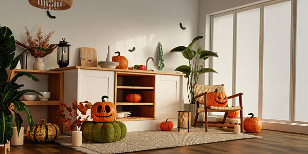 istock Autumn celebration featuring pumpkins and warm decor in a stylish kitchen. 3D render illustration 2232477801
