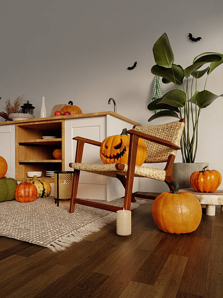 istock Autumn celebration with a cozy chair and pumpkins in a festive kitchen setting. 3D render illustration 2232477817