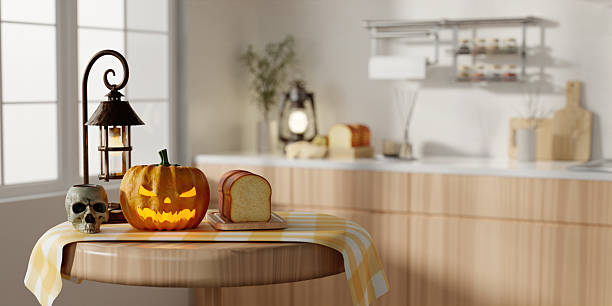 istock Halloween festive kitchen with glowing pumpkin and candles. 3D render illustration 2232477856