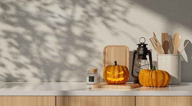 istock Halloween celebration decor with carved pumpkins and cozy kitchen vibes. 3D render illustration 2232477886