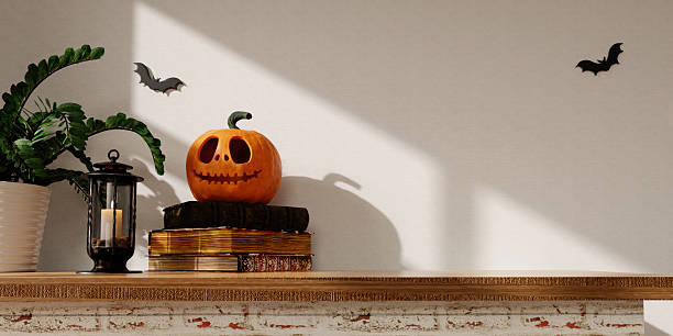 istock Whimsical Halloween display with carved pumpkin and bat decorations. 3D render illustration 2232477910