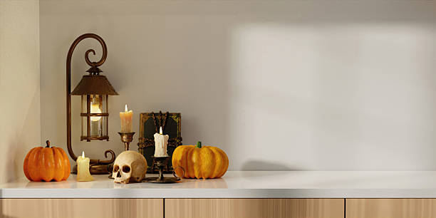 istock Charming Halloween scene with pumpkins and candles for a cozy atmosphere. 3D render illustration 2232477923
