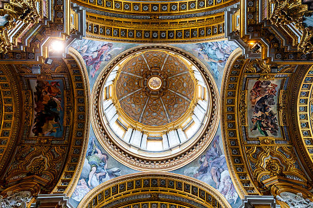 Interior of the dome of Santi Ambrogio e Carlo al Corso, richly decorated with stucco, frescoes, and gold.