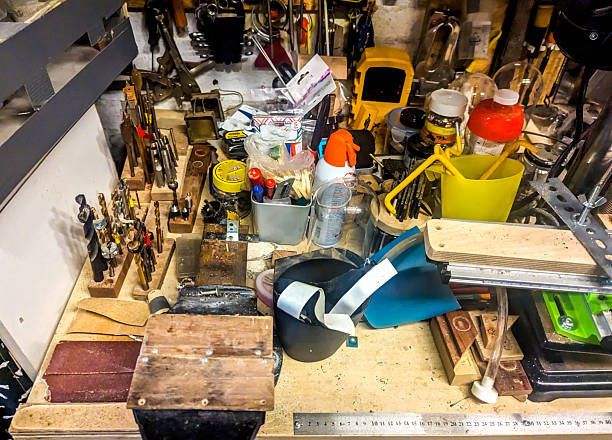 A very full and packed out garage that has been filled and filled over many years with all kinds of tools and machines etc.