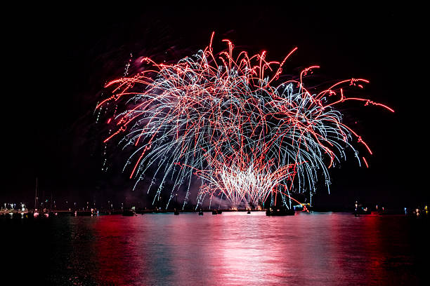 Fireworks from 1st Galaxy Fireworks over the water as part of the 2025 British Firework Championships viewed from Queen Anne's Battery, Plymouth.