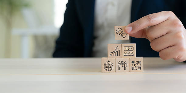 istock Business improvement and solution strategy. Wooden blocks with  icons analytics, innovation, teamwork, process, collaboration, improvement and growth. Strategic planning and continuous improvement. 2232491786