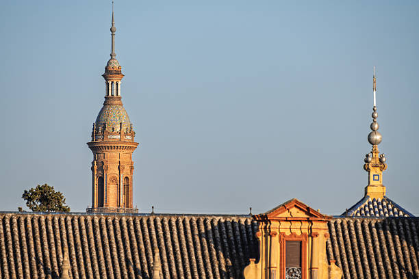 Torre del Oro, Seville, Spain. Military watchtower erected in order to control access to Seville via the Guadalquivir river. Top level view under riverside trees