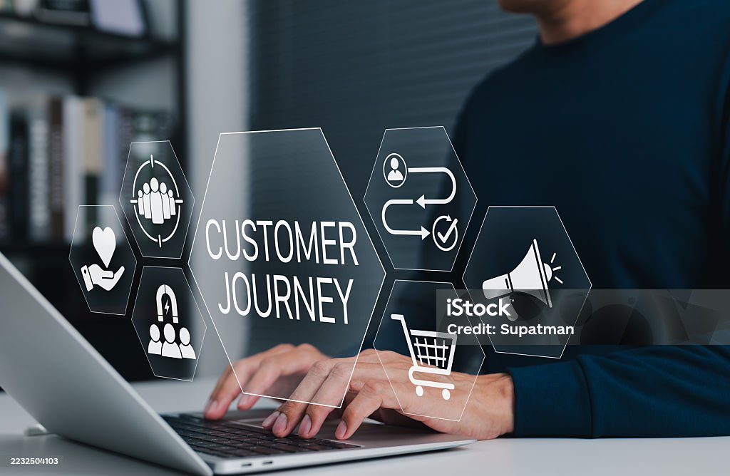 Customer journey concept showing a person working on a laptop with digital icons representing touchpoints, engagement, loyalty, marketing, and conversion path in customer experience strategy. Customer Experience Stock Photo Customer journey concept showing a person working on a laptop with digital icons representing touchpoints, engagement, loyalty, marketing, and conversion path in customer experience strategy. Customer Experience Stock Photo