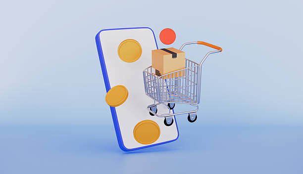 istock Mobile Phone Ordering Goods, Gold Coins Floating Around, Cart and Parcel Box with Notification 2232510752