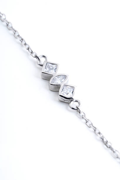 istock Silver bracelet showing three sparkling gems on white background 2232518747