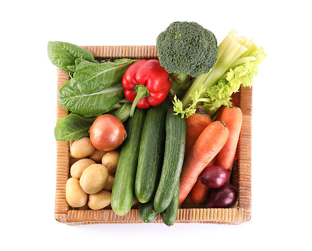 istock Different ripe vegetables in wicker box isolated on white, top view 2232523710