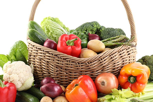 istock Different ripe vegetables in basket isolated on white 2232524269