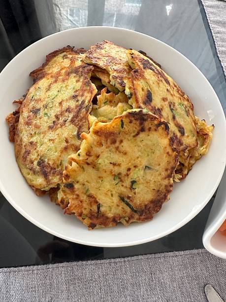 istock Homemade zucchini pancakes on white plate 2232529383