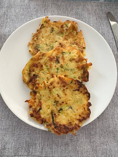 istock Three zucchini fritters on white plate closeup 2232529398