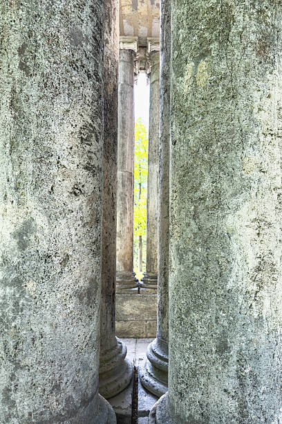 Clearance between a row of old columns. Abstract architectural background.
