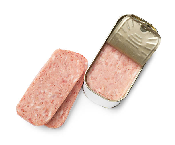 istock Canned meat in tin can isolated on white, top view 2232534251
