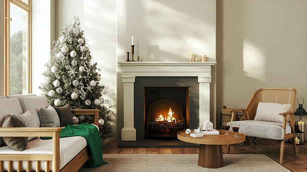 Cozy Christmas Living Room with Fireplace and Decorated Tree