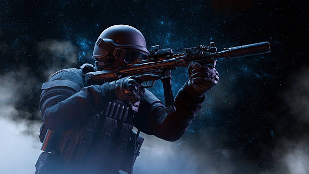 tactical soldier in full gear aims a rifle with focused determination, surrounded by a dramatic cosmic backdrop filled with stars and swirling smoke, creating an intense atmosphere. 3d render