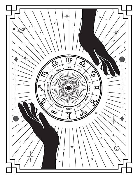 Black white astrology and horoscopes theme poster with open hands Black white astrology and horoscopes theme poster with open hands isolated on a white background. horoscope stock illustrations