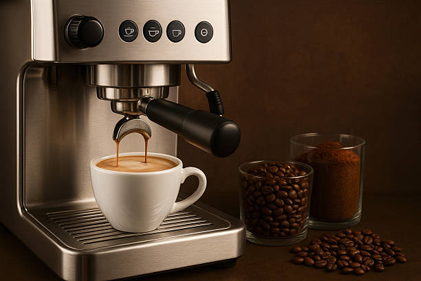 Professional coffee machine brewing cappuccino into a white cup with coffee beans and ground coffee in the background.