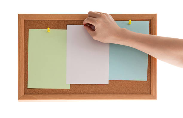 istock Man hands pin sticky notes on cork bulletin board against white background 2232554495