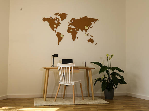 istock Home Office Desk with Cork World Map Wall Decor 2232556125