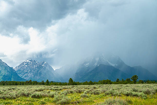 Rain Clouds Engulf Peaks in the Grand Teton Mountain Range in Summer