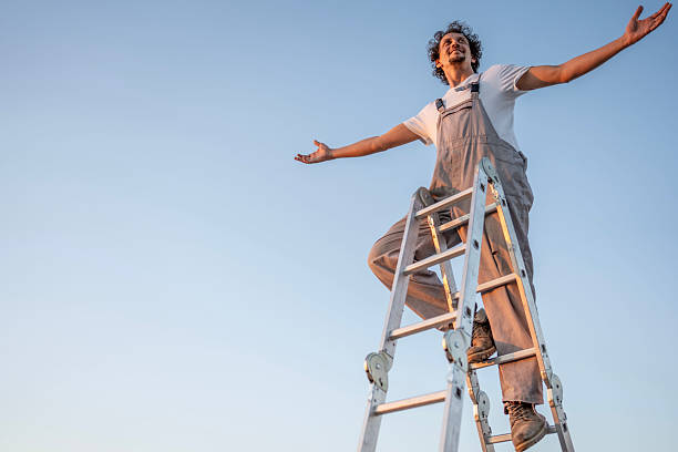 Sketch design trend artwork poster photo collage of hr business human resources young man stand ladder shh gesture keep silence arrow up.